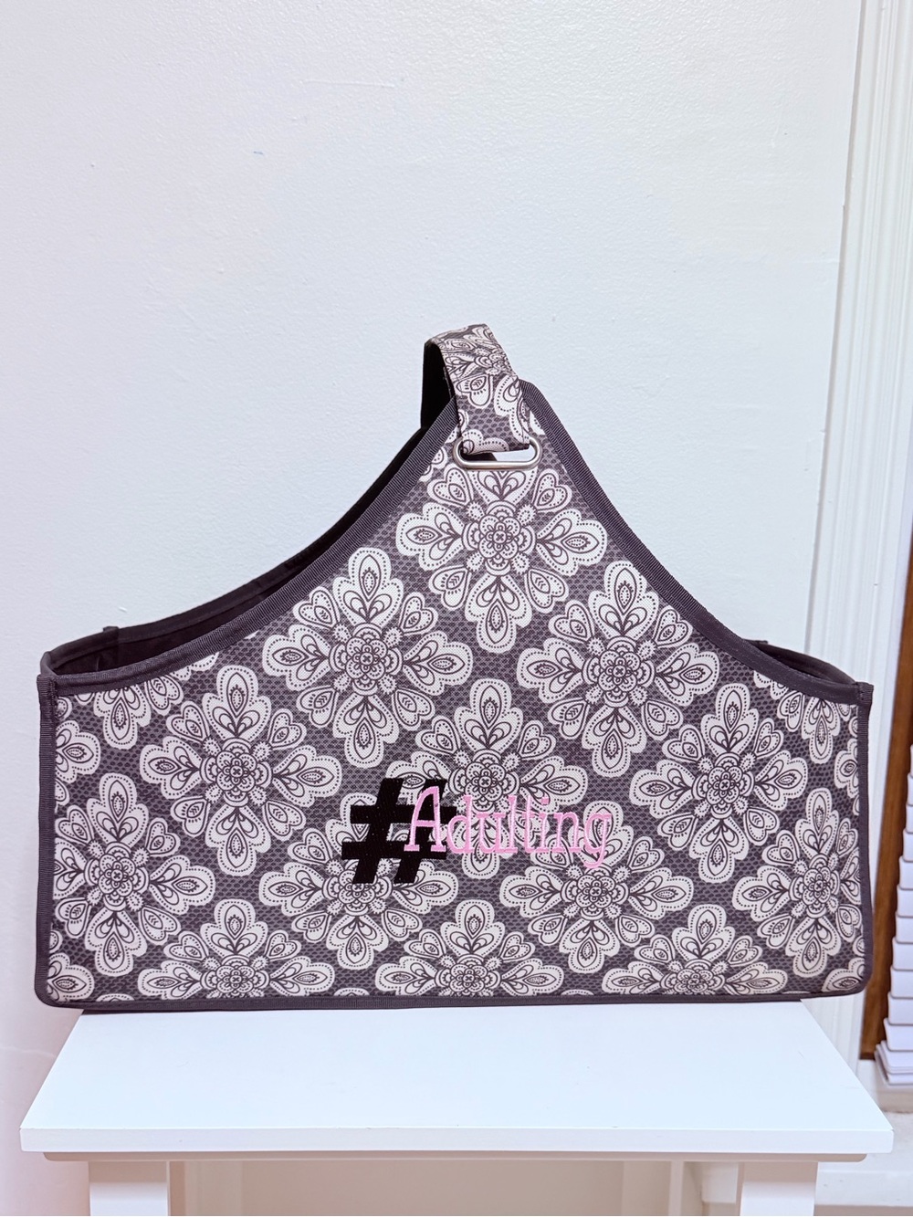 Thirty One Embroidered Gray Floral Tote Bag with Pink Accent
